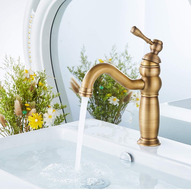 GGStudy Bathroom Vanity Faucet GGStudy Single Handle One Hole Bathroom Sink Faucet Basin Mixer Tap Antique Brass Supply Hose Include - Image 5